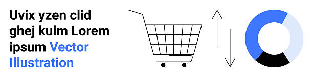 Shopping Cart with Arrows and Pie Chart for Data Representation and Analytics Themes Shopping cart, bidirectional arrows, and pie chart in monochrome with blue segments. Ideal for e-commerce, sales tracking, analytics, data visualization, marketing strategies, customer behavior strategic themes stock illustrations