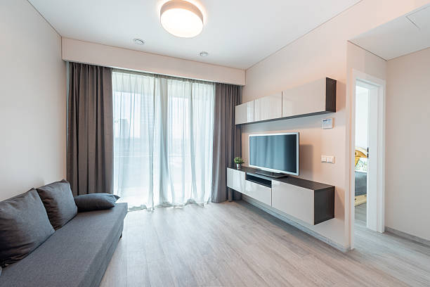 istock Modern Minimalist Home Living Room Interior with Sofa and Wall-Mounted Television Unit 2209599581