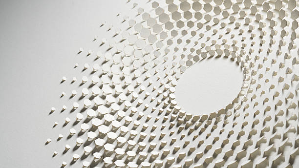 istock Intricate circular paper cut design with raised hexagonal pattern forming a spiral shape on white textured background 2209599856