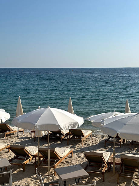 istock Coastal vacation scene with empty sunbeds, umbrellas, soft sand and clear ocean horizon 2209611714