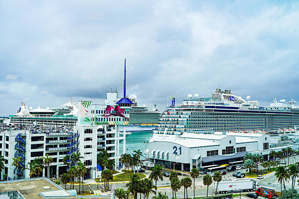 Ft. Lauderdale, Florida -- March 30, 2025: Two cruise ships moored in port.