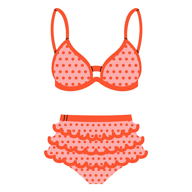 Swimsuits Retro style two-piece bikini with a high-waisted ruffled bottom and polka dot pattern. Cute summer swimwear perfect for beach, pool, and vacation themes. Simple outline, stylish and fun. polka dot bathing suit stock illustrations