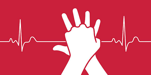 CPR Training Hands with Heartbeat on Red Background Hands perform CPR as a powerful symbol of heart health and emergency response, merging cardiopulmonary resuscitation with modern medical clipart. The red background and heartbeat line enhance the clean, minimal graphic design, reflecting life-saving care, first aid training, and preparedness with compassion and urgency. cpr stock illustrations