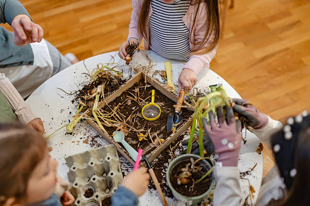 istock Children explore plant bulbs and soil during a hands-on gardening activity, promoting environmental education and sensory learning in a diverse classroom setting. 2209616292