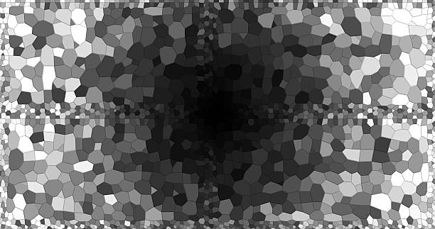 Black and white mosaic wall with a darkening gradient towards the center. Geometric shapes create the effect of depth and perspective. The visual style resembles stained glass with a contrasting light and shadow transition.