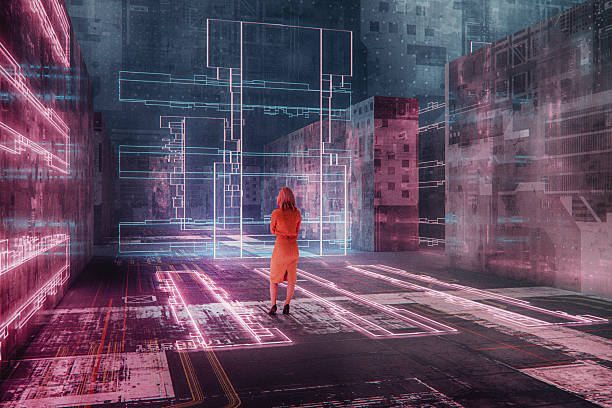 istock Woman standing in VR environment facing restricted area 2209624963