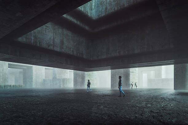 Futuristic dystopian dark street with people 3D generated image.