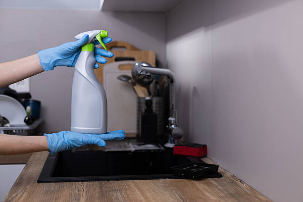 istock Hands in Blue Gloves Holding a Cleaning Spray Bottle in a Modern Kitchen Setting Focused on Hygiene and Cleanliness with Kitchen Utensils Visible in the Background. 2209626237