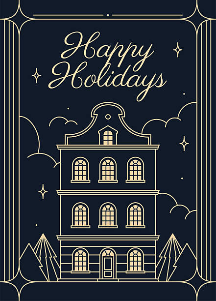 Elegant holiday greeting card with Happy Holidays text, featuring a vintage-style building, trees, and stars on a dark background. Festive and decorative theme. Vector illustration