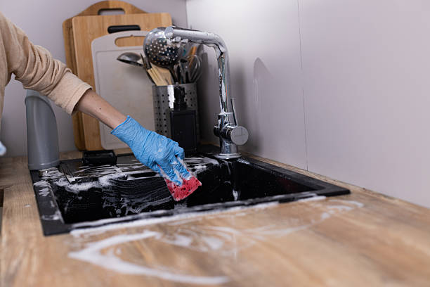 istock A Person Wearing Blue Gloves is Scrubbing a Kitchen Sink with a Colorful Sponge While Bubbles Accumulate in a Clean, Modern Kitchen Environment 2209626466