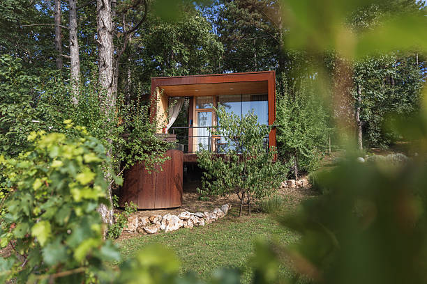istock Glamping hut and hot tub in forest 2209629027