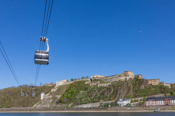 Koblenz, Germany - April 6, 2025: people enjoy visiting the castle Ehrenbreitstein by using the funicular, crossing river Rhine.