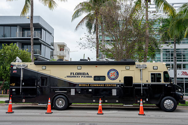Miami, FL, USA - March 28, 2025: Florida Highway Patrol mobile command center rv in Miami Beach Spring break 2025