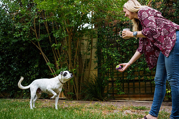 Woman standing in her backyard holding a cup of coffee and playfully showing a ball to her pet dog