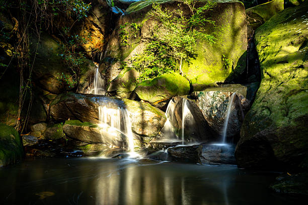 Long exposure of a waterfall, blurred motion of water cascading over rocks in North West England, UK.