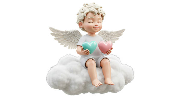 Isolated Cherub Sitting on Cloud Holding Hearts