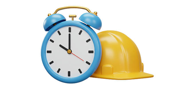 istock Isolated clock and yellow hardhat, time for work Illustration 2209662388