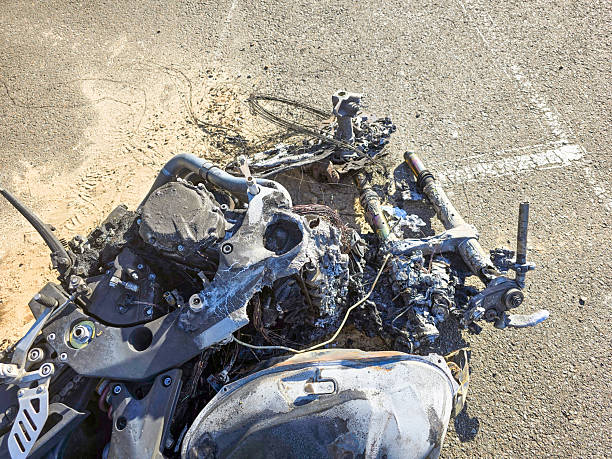 istock Closeup burnet out motorcycle, background with copy space 2209664236