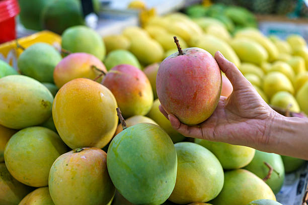 istock Hand picking a ripe mango from a market fruit display 2209670317