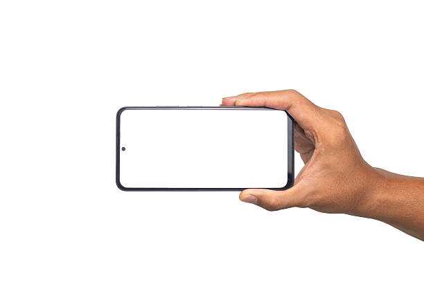 istock male hand holding smartphone horizontally with blank screen smartphone. isolated on white background. copy space 2209671049