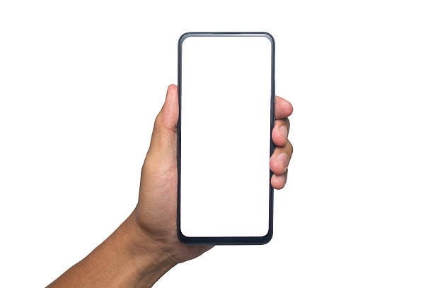 istock male hand holding smartphone with blank screen smartphone. isolated on white background. copy space 2209671050