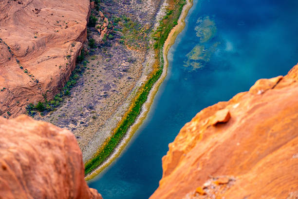 Grand Canyon Rainbow Colors in Arizona Stunning vibrant aerial view of the Colorado River winding through the Grand Canyon in Arizona, showcasing vibrant blue waters, lush green riverbanks, and rugged desert terrain. This breathtaking perspective highlights the beauty of nature’s contrast in the Southwest. horseshoe bend river stock pictures, royalty-free photos & images
