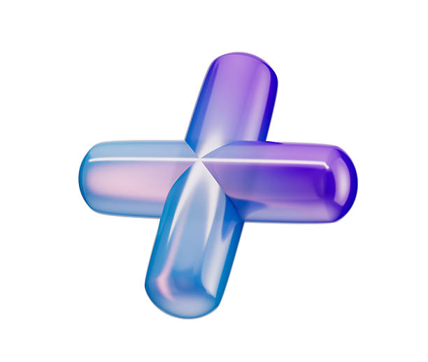 3d Glossy plus sign in a gradient of blue and purple, with a smooth rounded edges. 3D Illustration