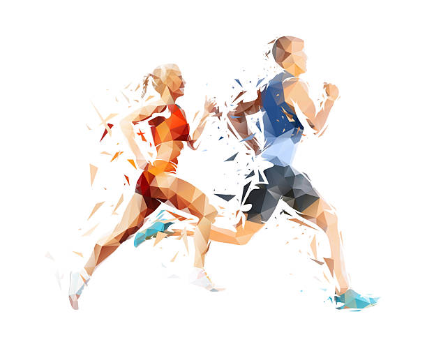 istock Run, running people - man and woman, low poly isolated vector sports illustration, side view. Track and field athletes 2209682174