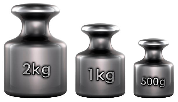 2kg, 1kg, 500g weights. Cast iron, calibration weight. 3D rendering isolated on white background