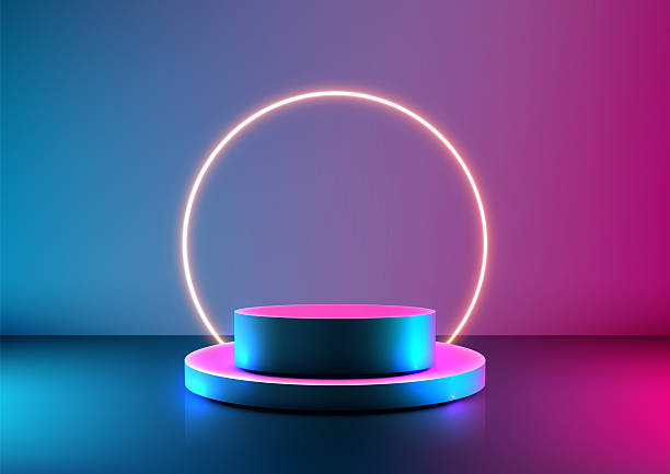 istock Futuristic neon lit 3d podium mockup for product display showcase with glowing ring technology concept modern exhibition stage 2209687161