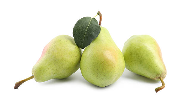 istock Fresh ripe pears with green leaf isolated on white 2209687704