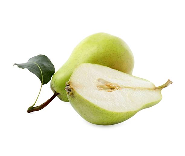 istock Fresh ripe pears with green leaf isolated on white 2209687744