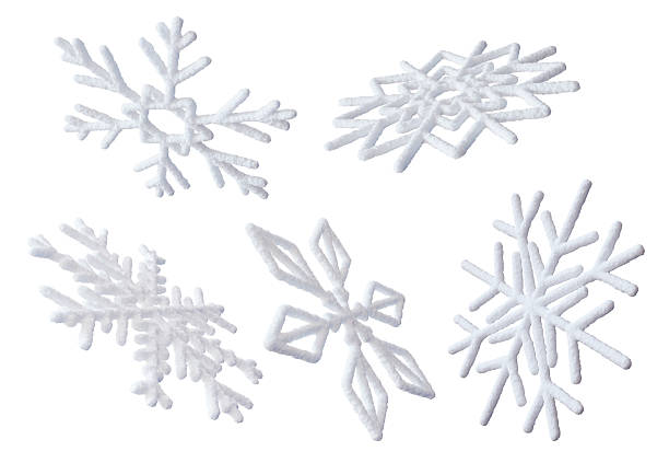 3D snowflakes collection, isolated on white background, perfect for winter themed projects or decorations. Realistic, white three dimensional snow flake shape.