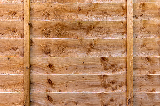 Natural Brown Color Wood Fence Panel With Horizontal Overlapping Boards, Knots and two vertical strips