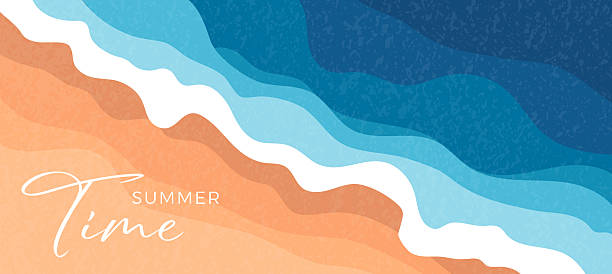 Summer abstract horizontal background with sea waves, beach and coast. Modern landscape template for vacation, beach holiday, weekend and summer time concept. Design for promo, cover, ads, banner