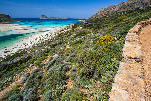 Balos Lagoon is located in the Chania Regional Unit on the northwestern coast of Crete, Greece, at the junction of the Mediterranean Sea and the Aegean Sea. It lies on the Gramvousa Peninsula, approximately 56km northwest of the city of Chania. The lagoon is characterized by shallow waters, white-pink sand due to crushed shells, and protected wetland status within the Natura 2000 network, due to its ecological significance.