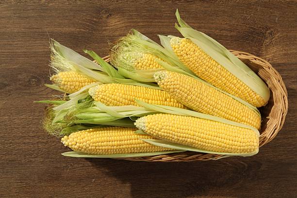 istock Many fresh ripe corncobs with green husks on wooden table, top view 2209696962