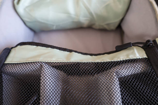 View inside an open bag or backpack with a black mesh pocket in the foreground. Behind the mesh, light green fabric of the inner part of the bag is visible.