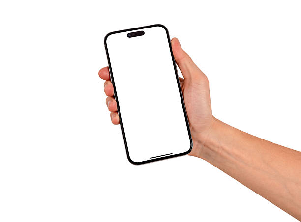 istock Hand showing smartphone with blank screen isolated on white background. High quality studio shot. Concept for technology, business, finance and advertising. 2209702681