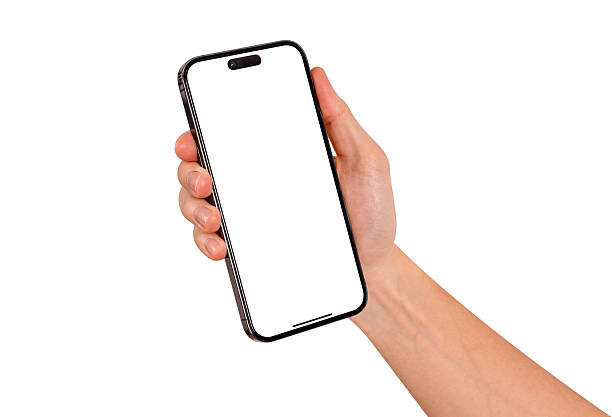 istock Hand showing smartphone with blank screen isolated on white background. High quality studio shot. Concept for technology, business, finance and advertising. 2209702723
