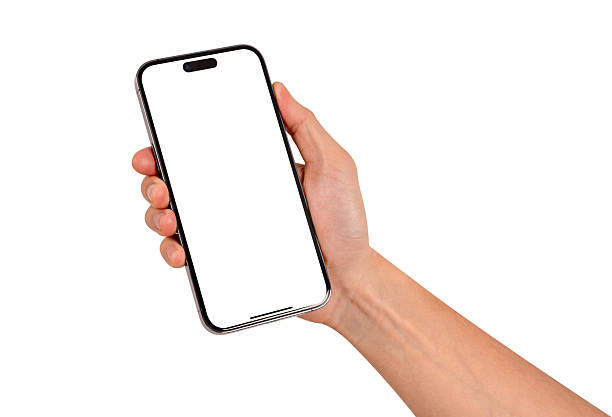 istock Hand showing smartphone with blank screen isolated on white background. High quality studio shot. Concept for technology, business, finance and advertising. 2209702725