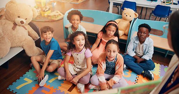 istock Teacher, education and youth with kids in classroom for child development, future and learning. Academy, growth and scholarship with group of students in school for knowledge, floor and study 2209704670