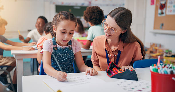 istock Knowledge, girl or teacher in classroom, help or creativity with assisted learning, growth or education. Child development, woman or students in school, fine motor skills or assessment with questions 2209704784