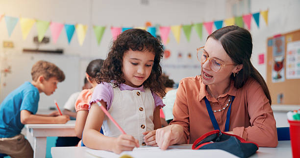 istock Education, girl or teacher with help, support or assisted learning with literacy knowledge. Child development, woman or students in school, advice or conversation with assessment, questions or growth 2209704830