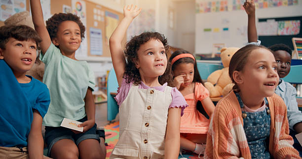 istock Lesson, kids and hands raised with question in classroom for quiz questions, knowledge or study feedback. Floor, diversity people or students for learning development, solution or creative assessment 2209704874