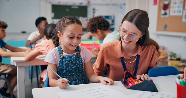 istock Education, girl and teacher in classroom, help and support with literacy knowledge. Child development, woman and students in school, assisted learning and fine motor skills with assessment and growth 2209704881