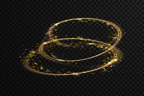 istock Light trail curve draws a luminous golden motion ring. Glowing circle spins with soft radiant stardust texture. Light color Twirl. Curve light effect of orange line. 2209709483