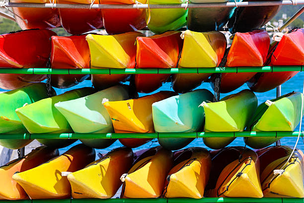 Kayaks stored at the harbour, Puerto Pollensa, Majorca