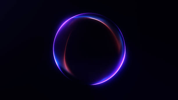 istock Shiny energy plasma particles orb on dark minimalitic business background. Gradient neon flowing magic sphere with purple and blue shiny waveforms. 2209713119