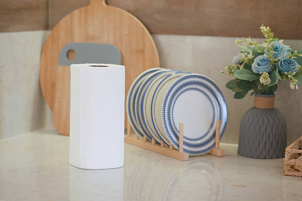 istock Simple Kitchen Countertop With White Roll, Dish Rack, and Floral Display 2209713863